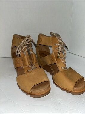 Sorel Brown Lace-Up Open-Toe Block Heel Sandals